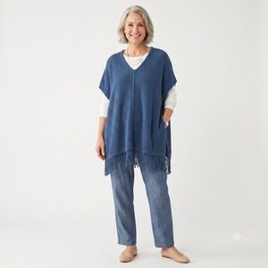 Pure Jill Blue Textured Knit V-Neck Fringe Hem Poncho Sweater Plus Size 3X